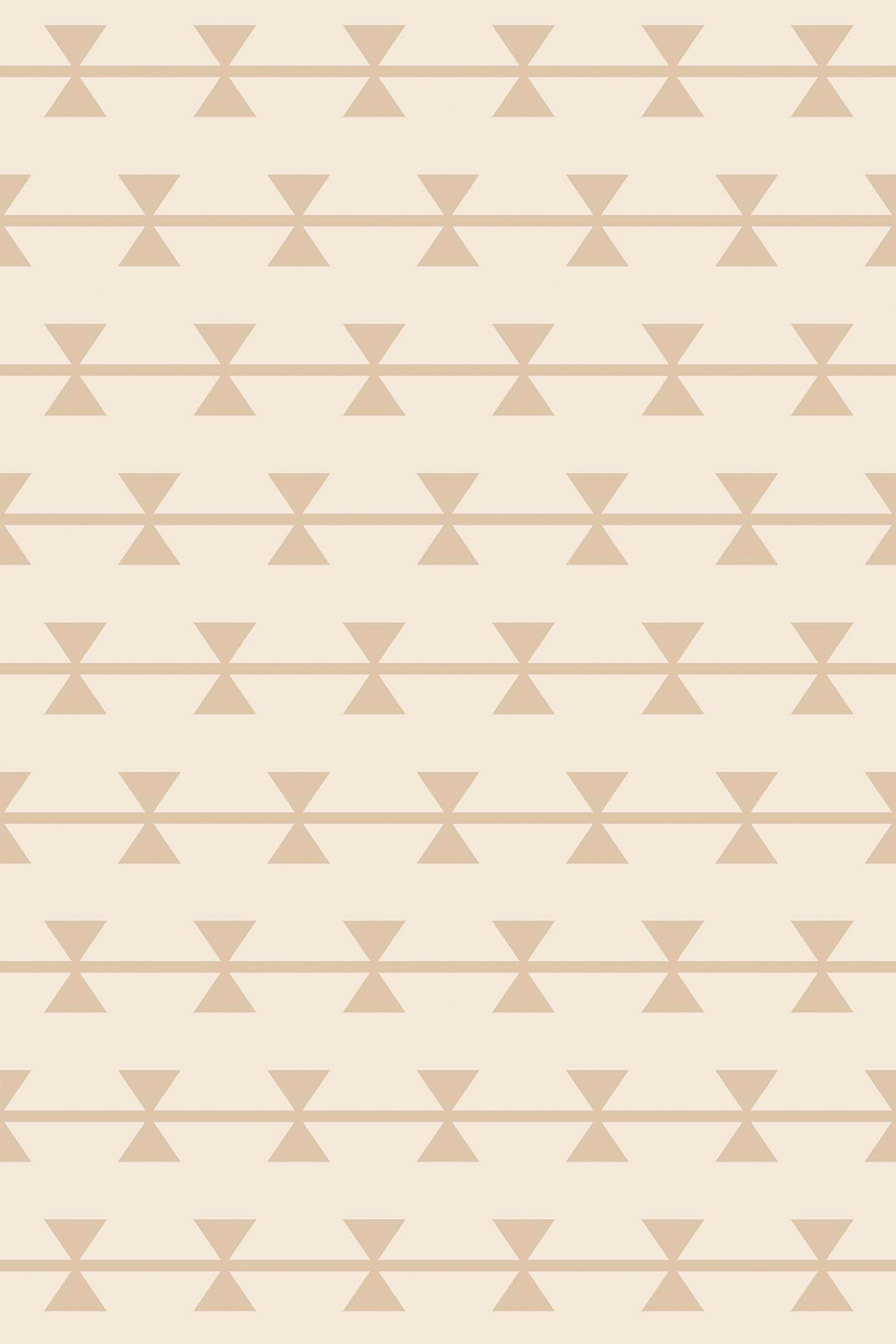 A minimalistic wallpaper pattern with symmetrical hourglass shapes arranged in horizontal rows on a cream-colored background. Each hourglass is separated by thin, parallel lines, creating a subtle, geometric grid-like pattern. The shapes and lines are in a soft beige color, giving the design a neutral tone. Peel and stick removable wallpaper.