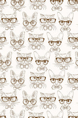 Brown line-art illustrations of cats wearing glasses and bow ties, set against a light beige background. The cats are drawn in a variety of quirky, sophisticated styles, repeated in a seamless pattern. Peel and stick removable wallpaper.