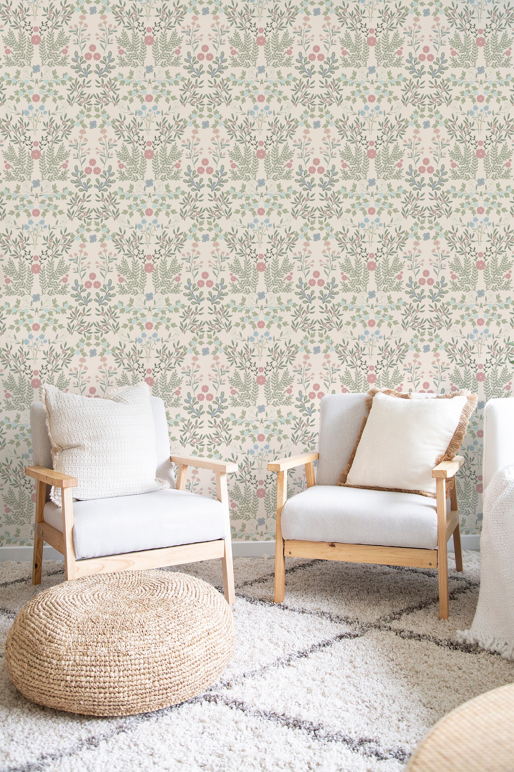 Wallpaper adorned with a delicate pastel floral garden design, incorporating soft hues and intricately patterned flowers and foliage against a light background, creating a calming and inviting atmosphere in the room. Traditional wallpaper.