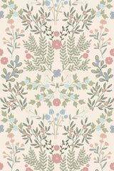 Pastel floral garden design with soft pink, green, blue, and cream hues, featuring delicate flowers, leaves, and branches on a light beige background. Peel and stick removable wallpaper.