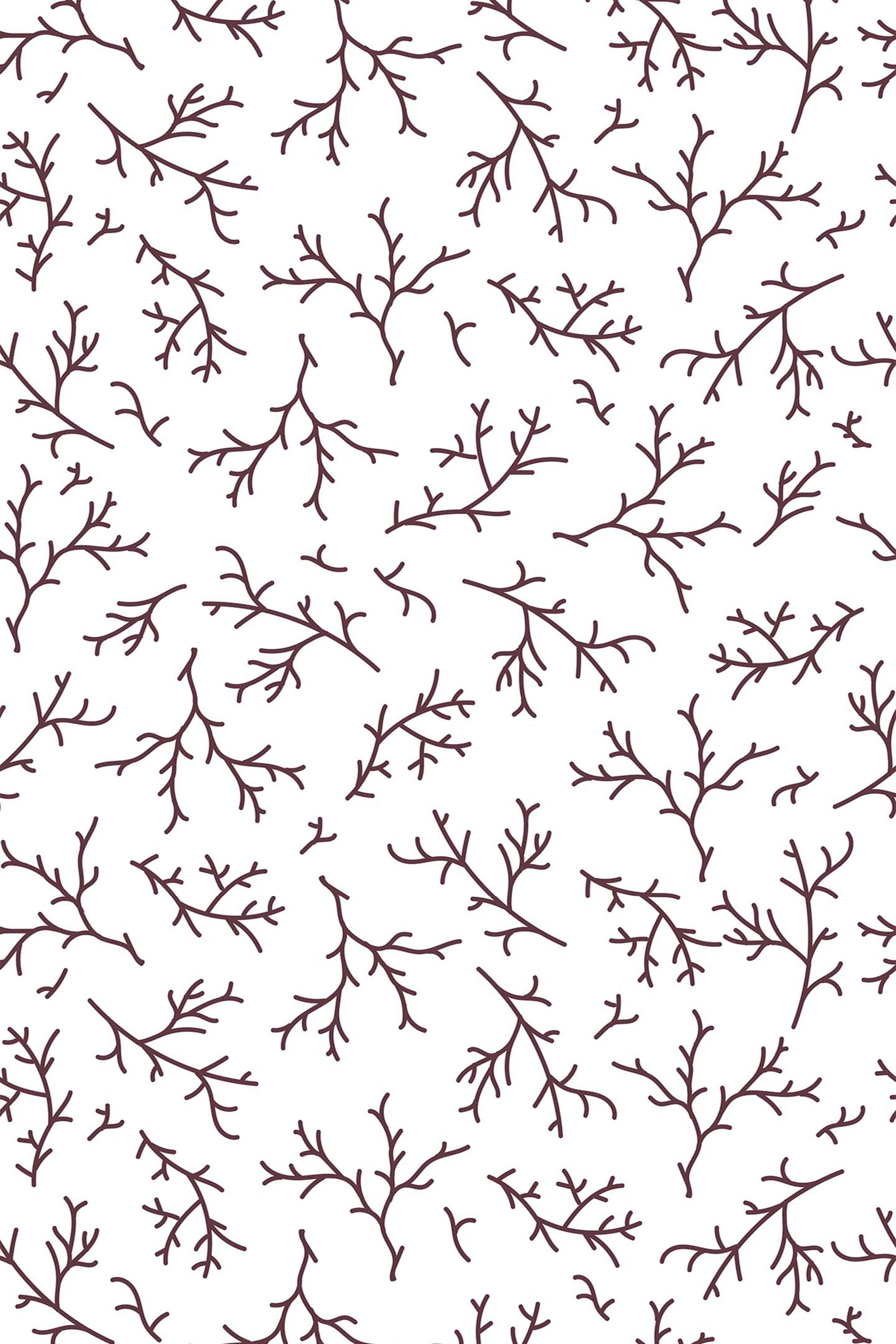 Burgundy-colored branches with delicate, thin twigs spread across a white background in a repeating pattern. Suitable as peel and stick removable wallpaper.