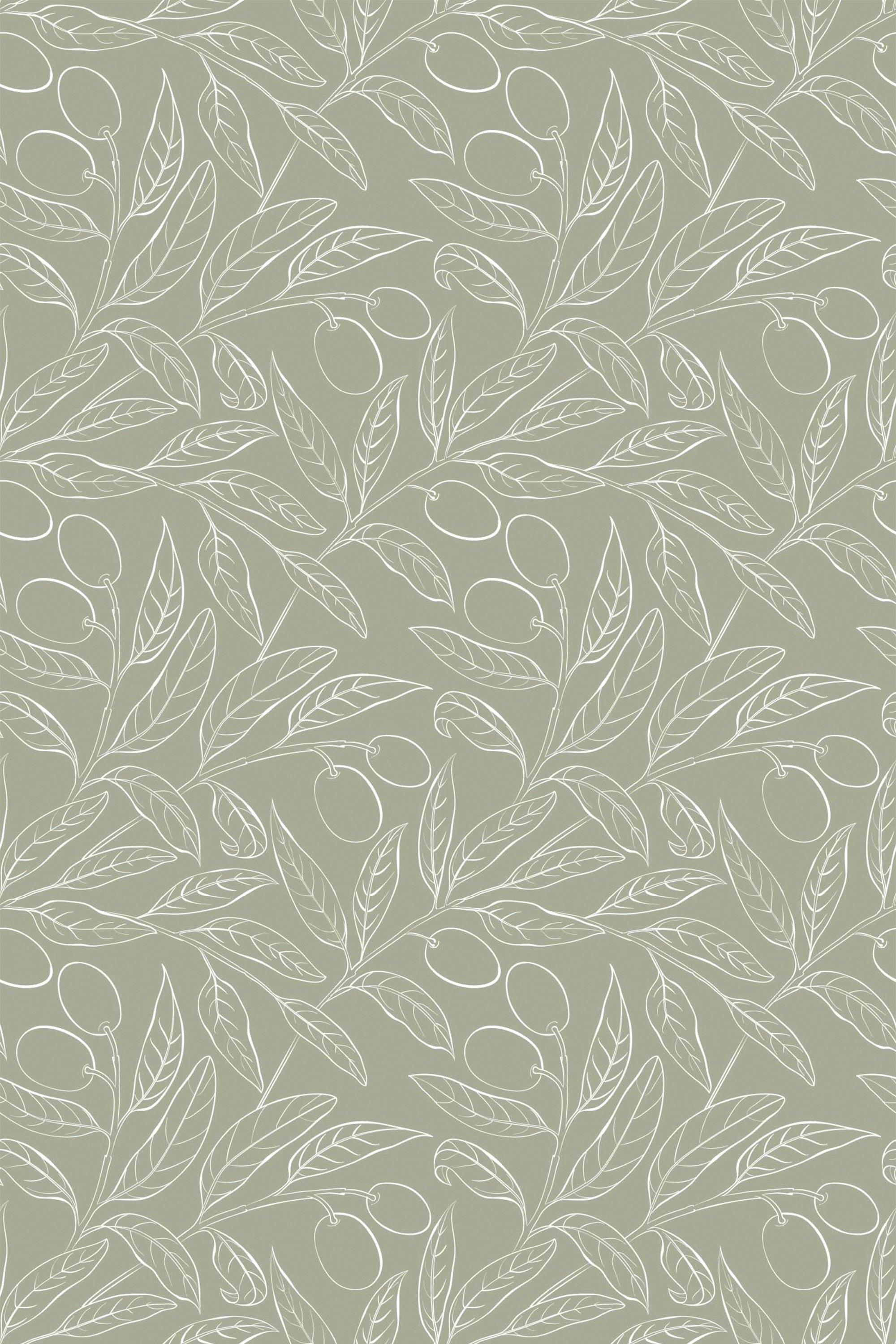Seamless pattern of olive branches with leaves and olives in a delicate white line drawing style on a muted green background. Peel and stick removable wallpaper.