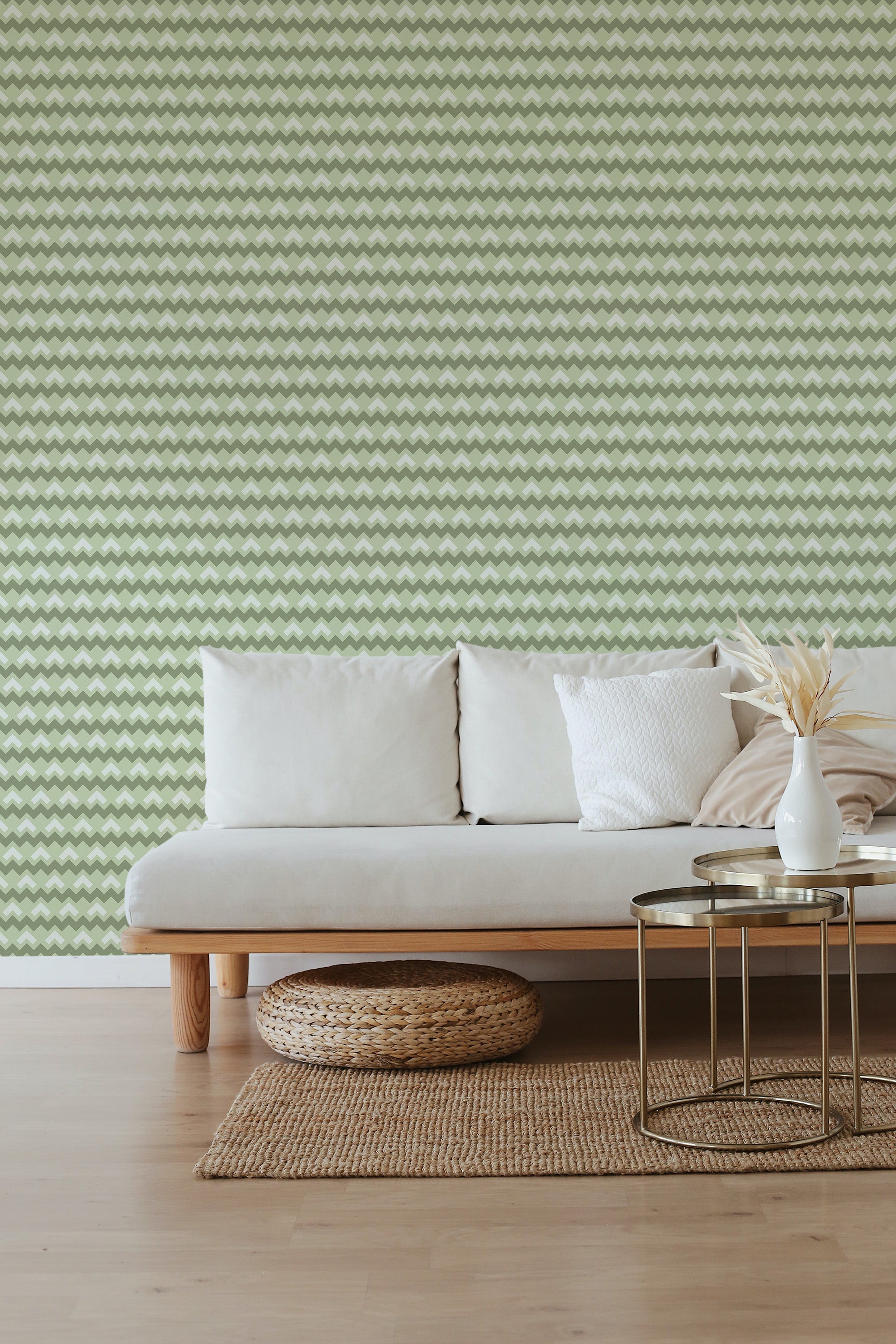 Green chevron pattern wallpaper with alternating shades of green creating a zig-zag design, adding a touch of warmth and style to the room, traditional wallpaper.