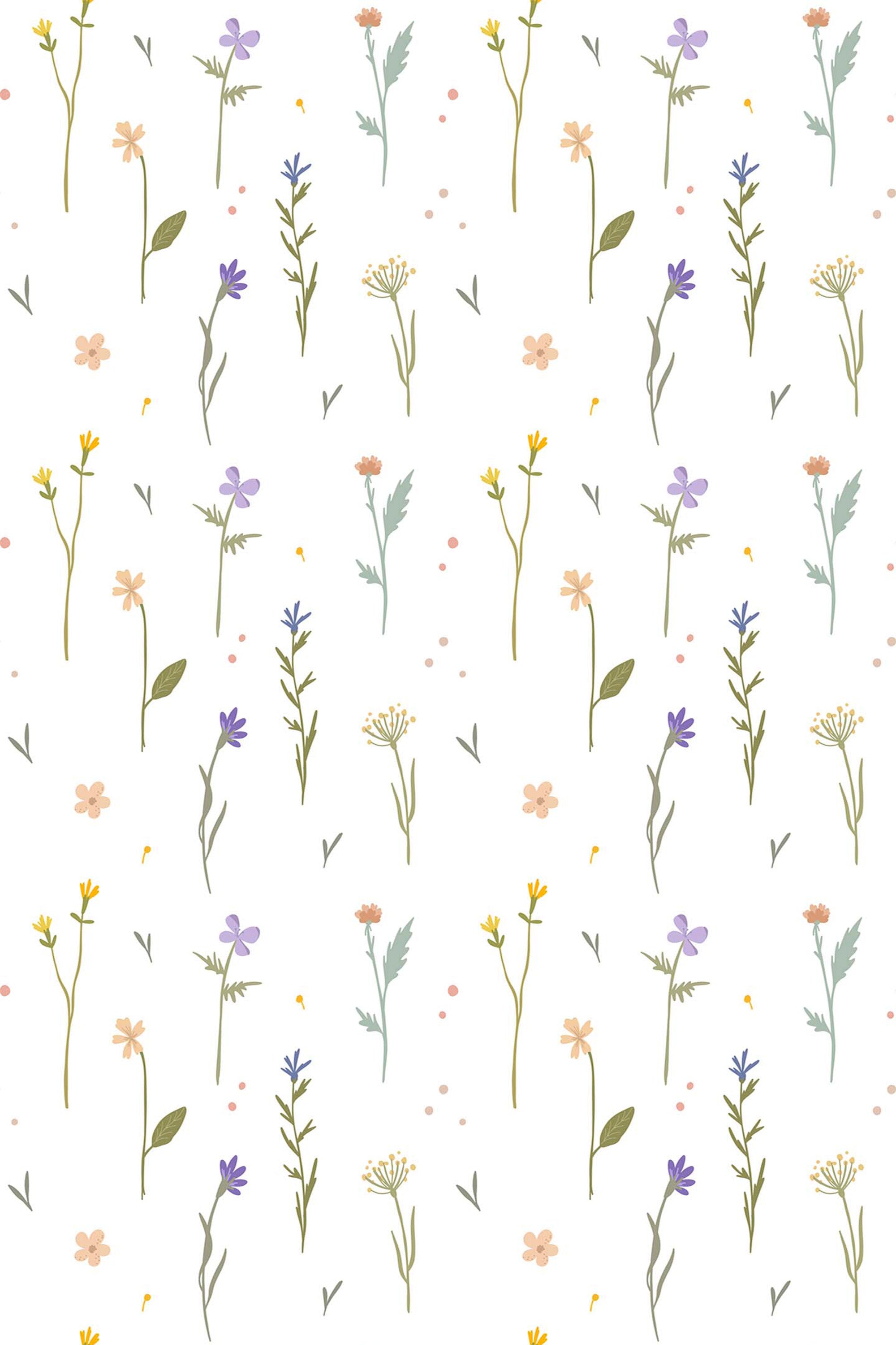 Delicate floral design with small pastel-colored flowers, including light pink, soft yellow, and lavender blooms, scattered across a white background with gentle green stems and leaves. Ideal for a girly nursery, peel and stick removable wallpaper.