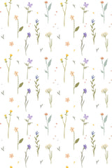 Delicate floral design with small pastel-colored flowers, including light pink, soft yellow, and lavender blooms, scattered across a white background with gentle green stems and leaves. Ideal for a girly nursery, peel and stick removable wallpaper.