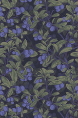 Realistic blueberry wallpaper with clusters of vivid blueberries surrounded by lush green leaves on a dark background, peel and stick removable wallpaper.