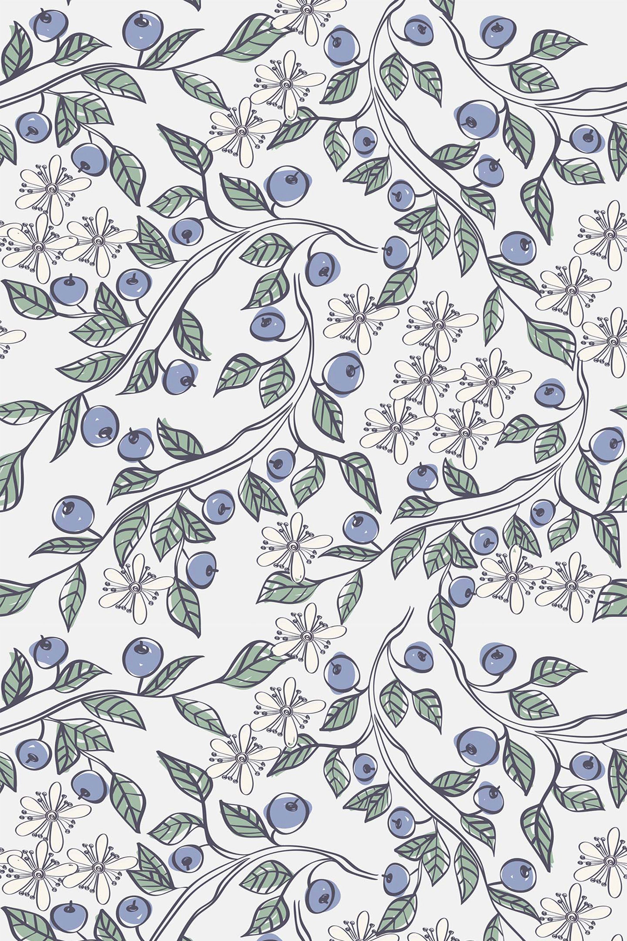 Cartoon blueberries and green leaves intertwined with delicate white flowers on a light background, peel and stick removable wallpaper.