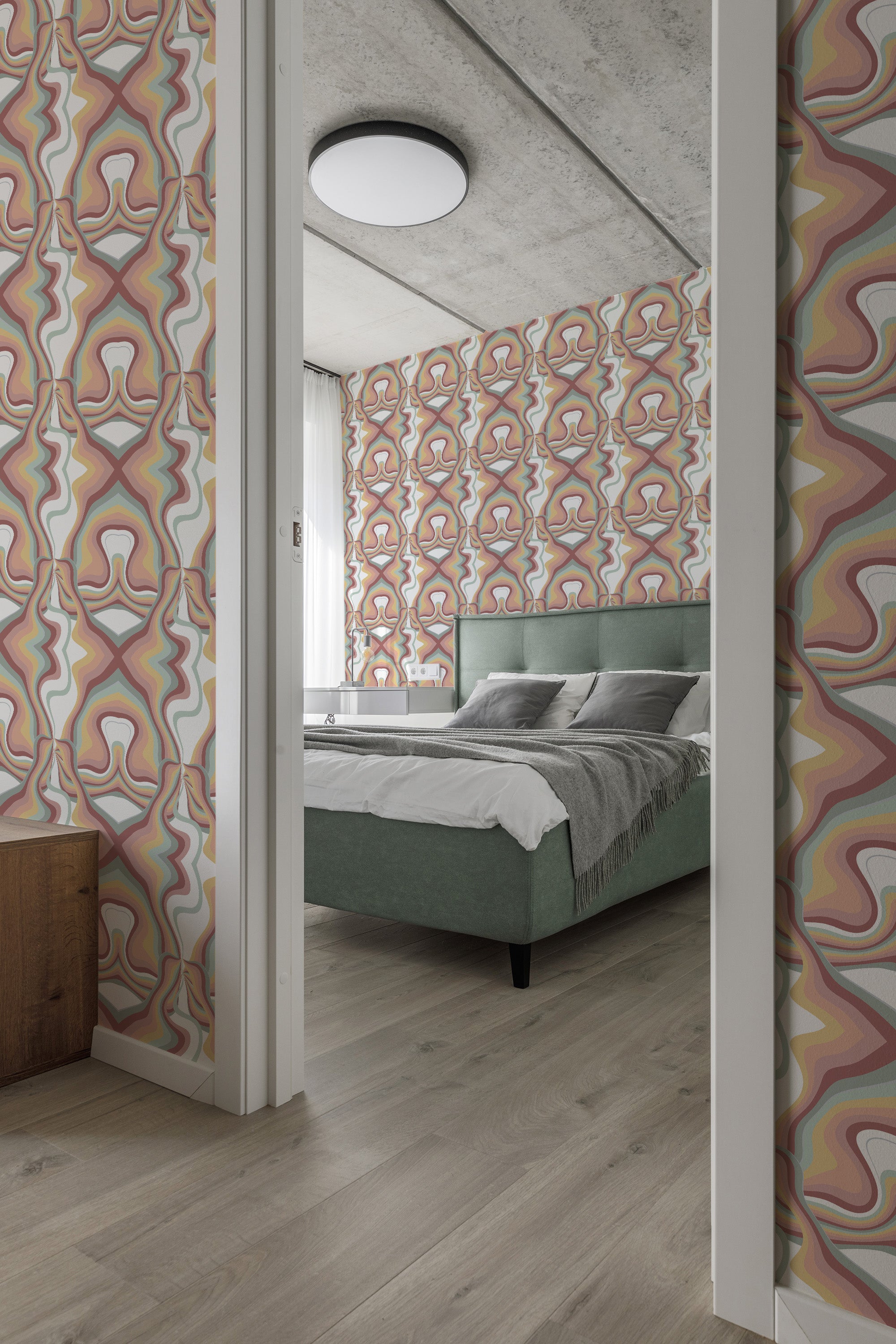 A room with walls covered in earthy psychedelic wallpaper featuring wavy, abstract patterns in muted tones of brown, green, orange, and white, with a matching design on all walls. Traditional wallpaper.