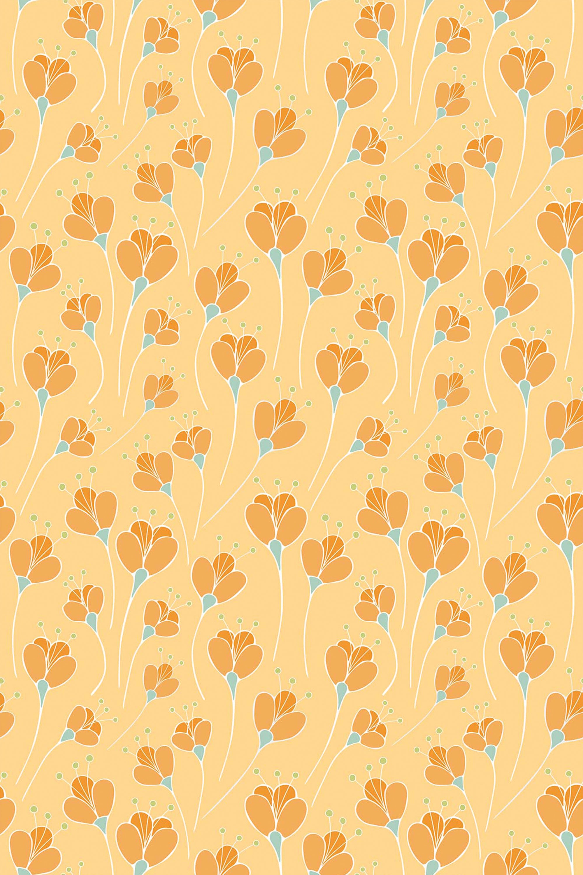 Yellow tulips and delicate blue buds arranged in a repeating pattern on a soft yellow background, peel and stick removable wallpaper.