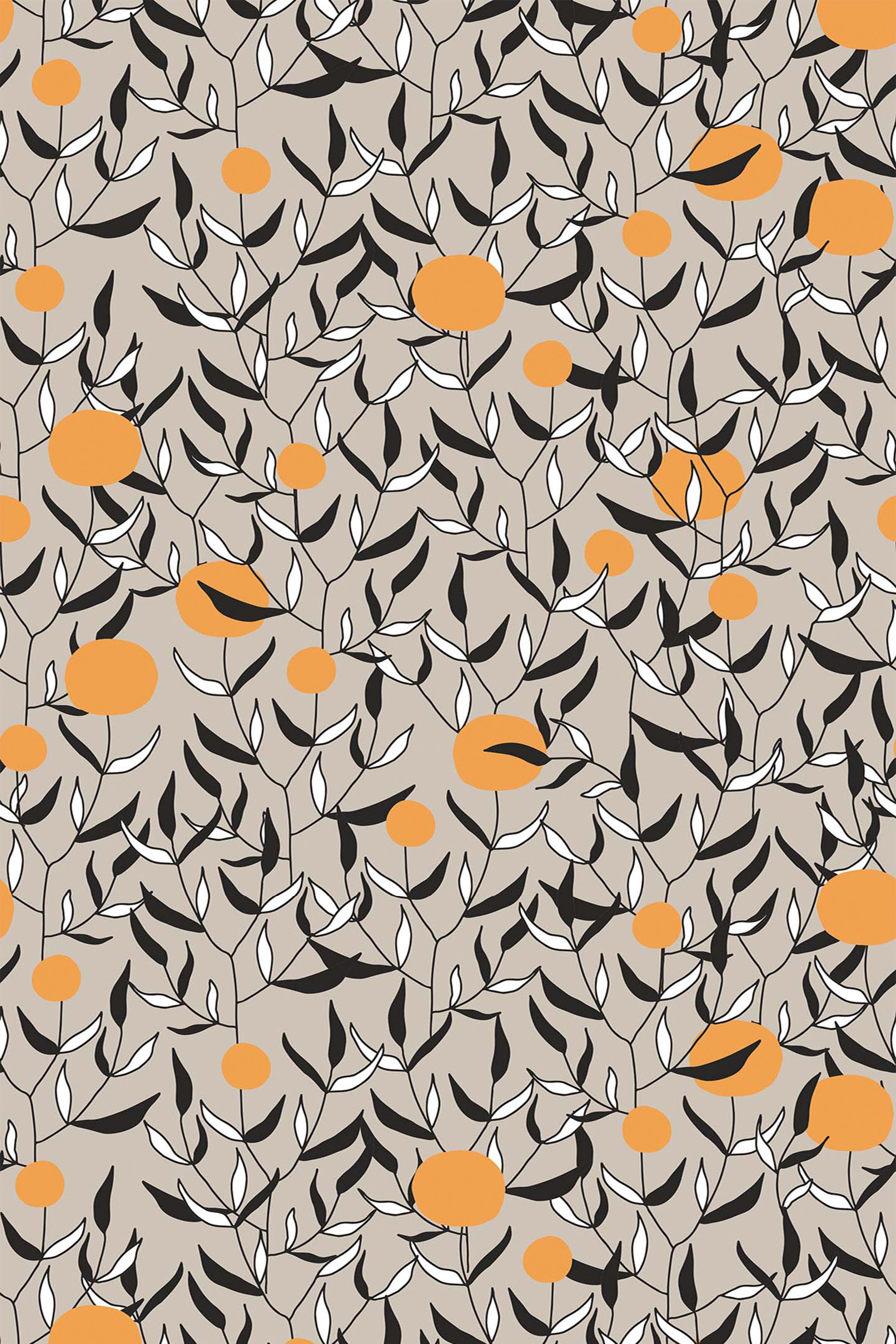 A repeating pattern with orange circles representing fruit among black and white leaves on a beige background, peel and stick removable wallpaper.