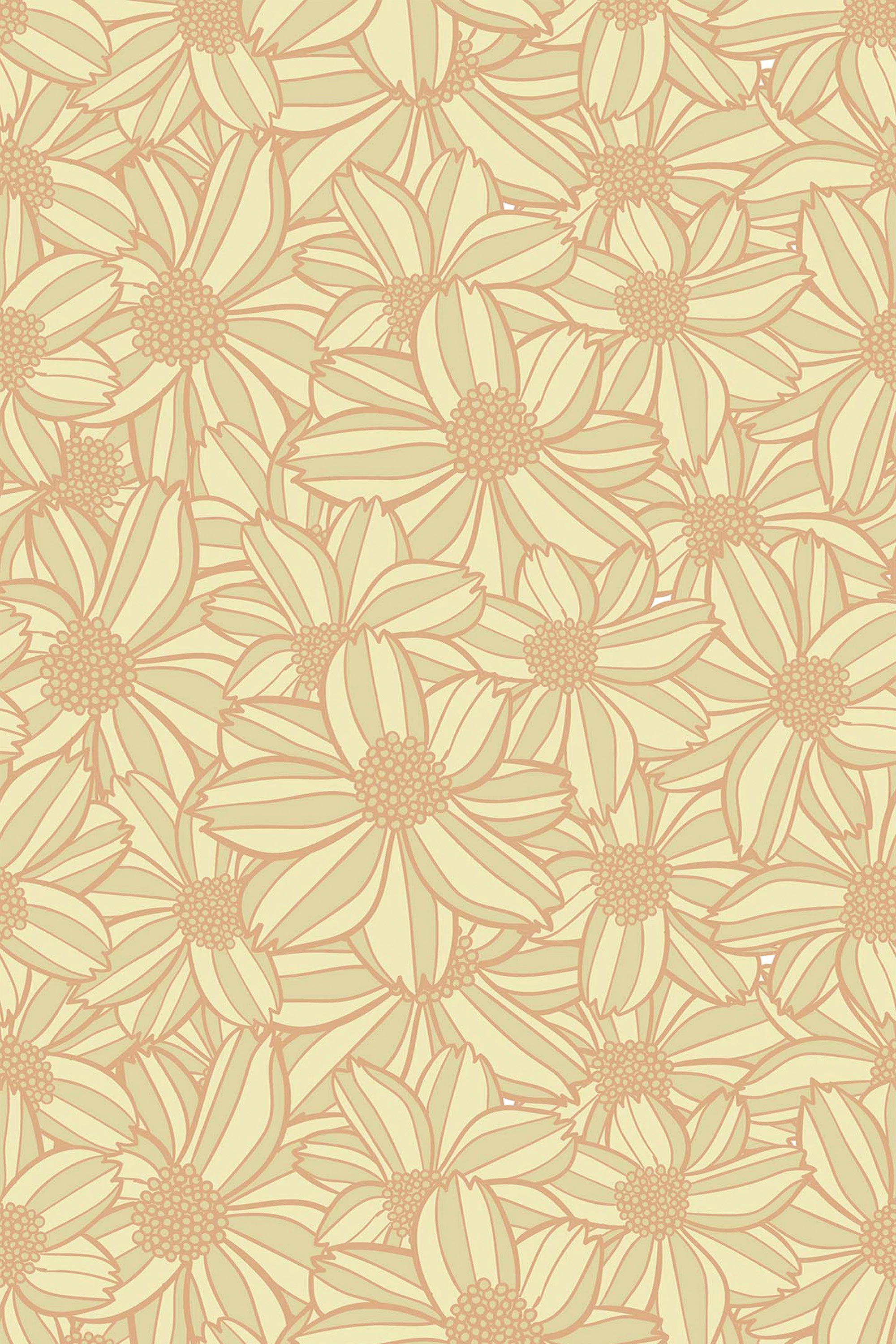 Yellow daisy-like flowers with soft petals and detailed centers are arranged in a seamless repeat pattern on a light beige background. The design offers a vintage, retro feel, perfect for adding a cheerful touch to any room. Peel and stick removable wallpaper.