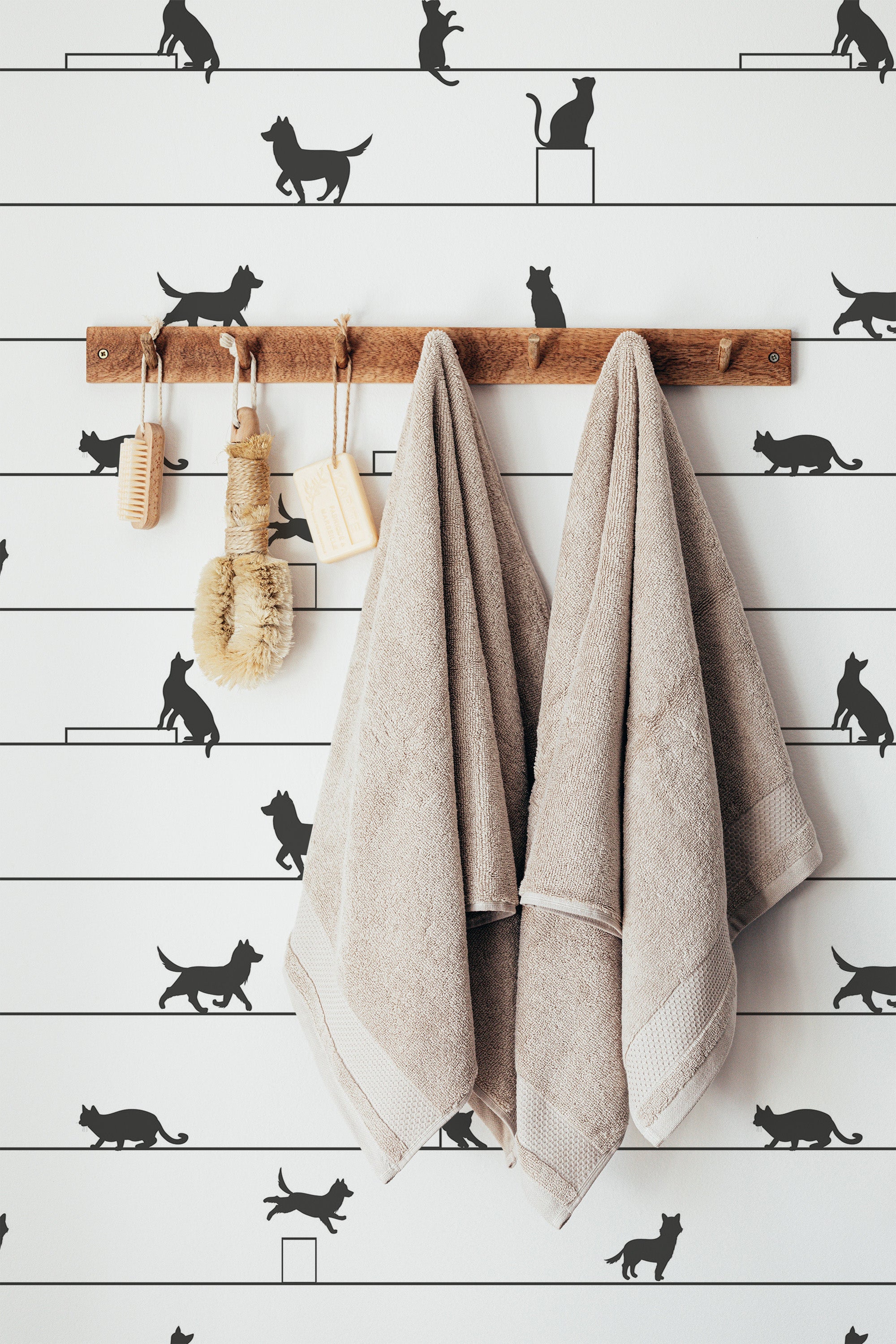 Self-adhesive wallpaper with a Husky line design in black outlines on a white background. The pattern includes silhouettes of cats in various playful poses, walking along horizontal lines.