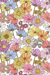 A vibrant pattern filled with pastel-colored flowers like daisies and cosmos in shades of yellow, pink, orange, and purple, with thin, dark outlines against a white background. Peel and stick removable wallpaper.