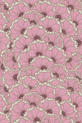 Floral pattern of large, stylized pink flowers with dark centers, arranged densely against a soft, cream background with subtle green accents. Peel and stick removable wallpaper.
