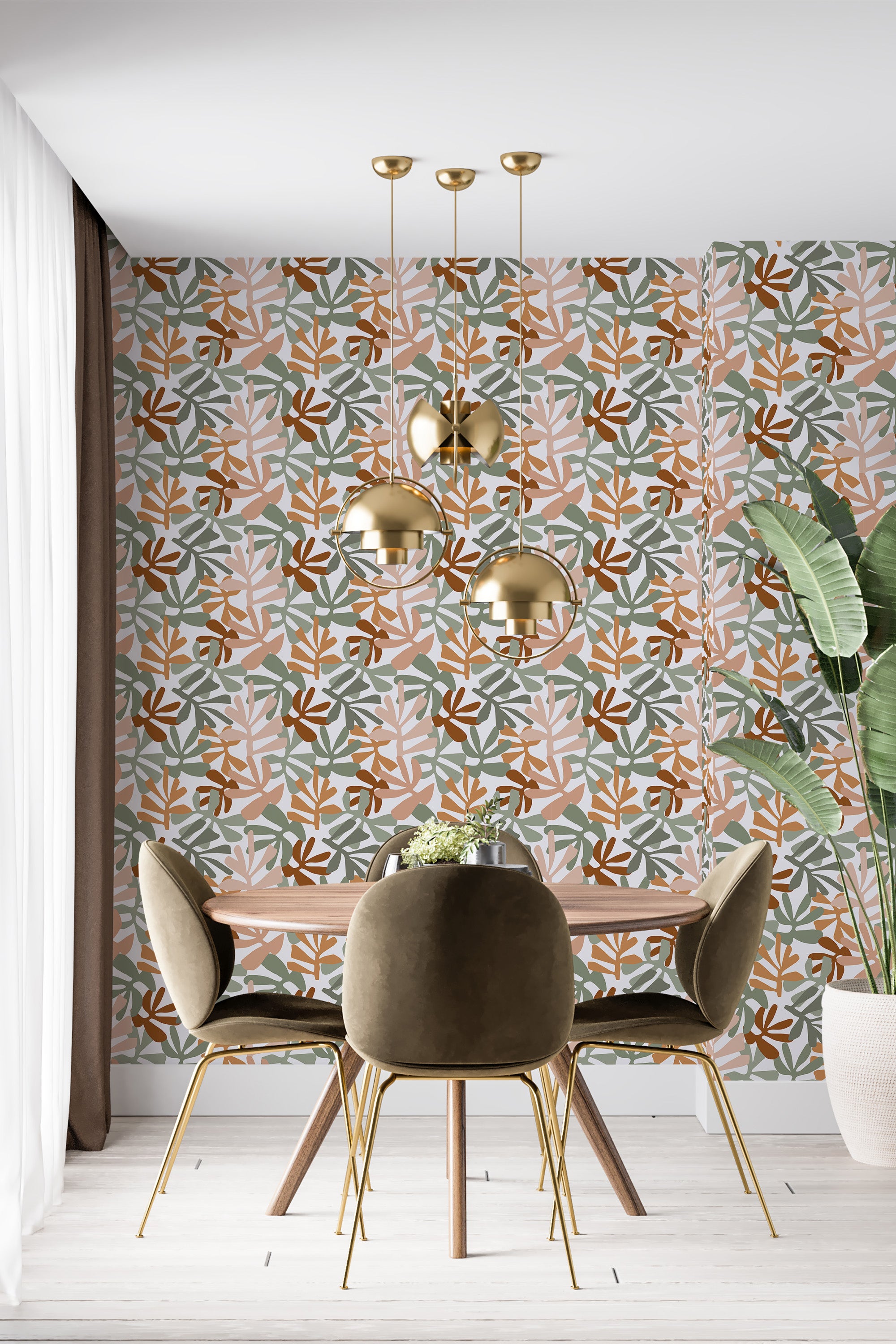 Wallpaper with a Sage coral leaf pattern, combining muted tones of sage green, coral, light brown, and white leaves in a repeating botanical design. Traditional wallpaper.