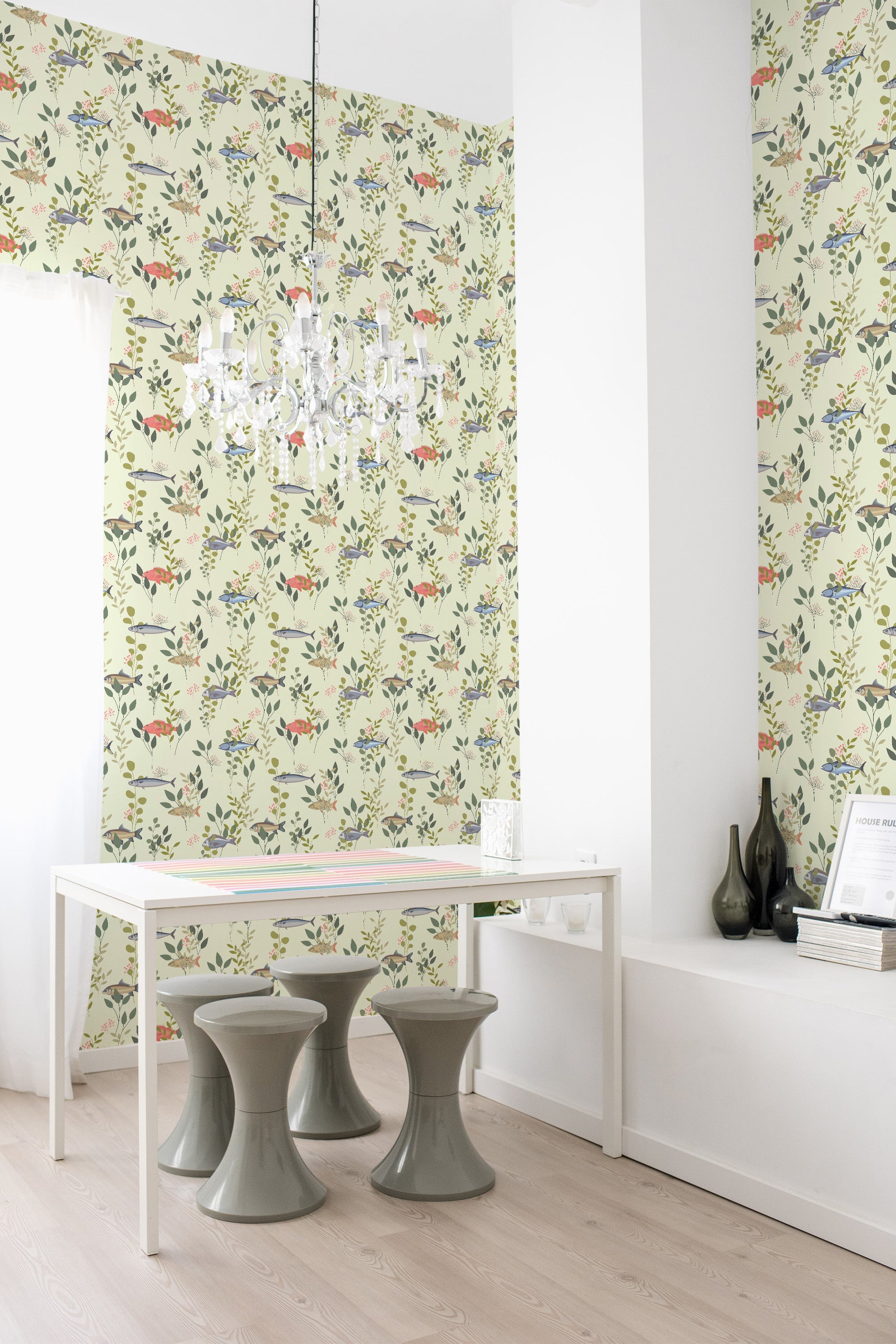 A room with wallpaper designed with green foliage and fish imagery on a light background, creating a nature-inspired atmosphere. Traditional wallpaper.
