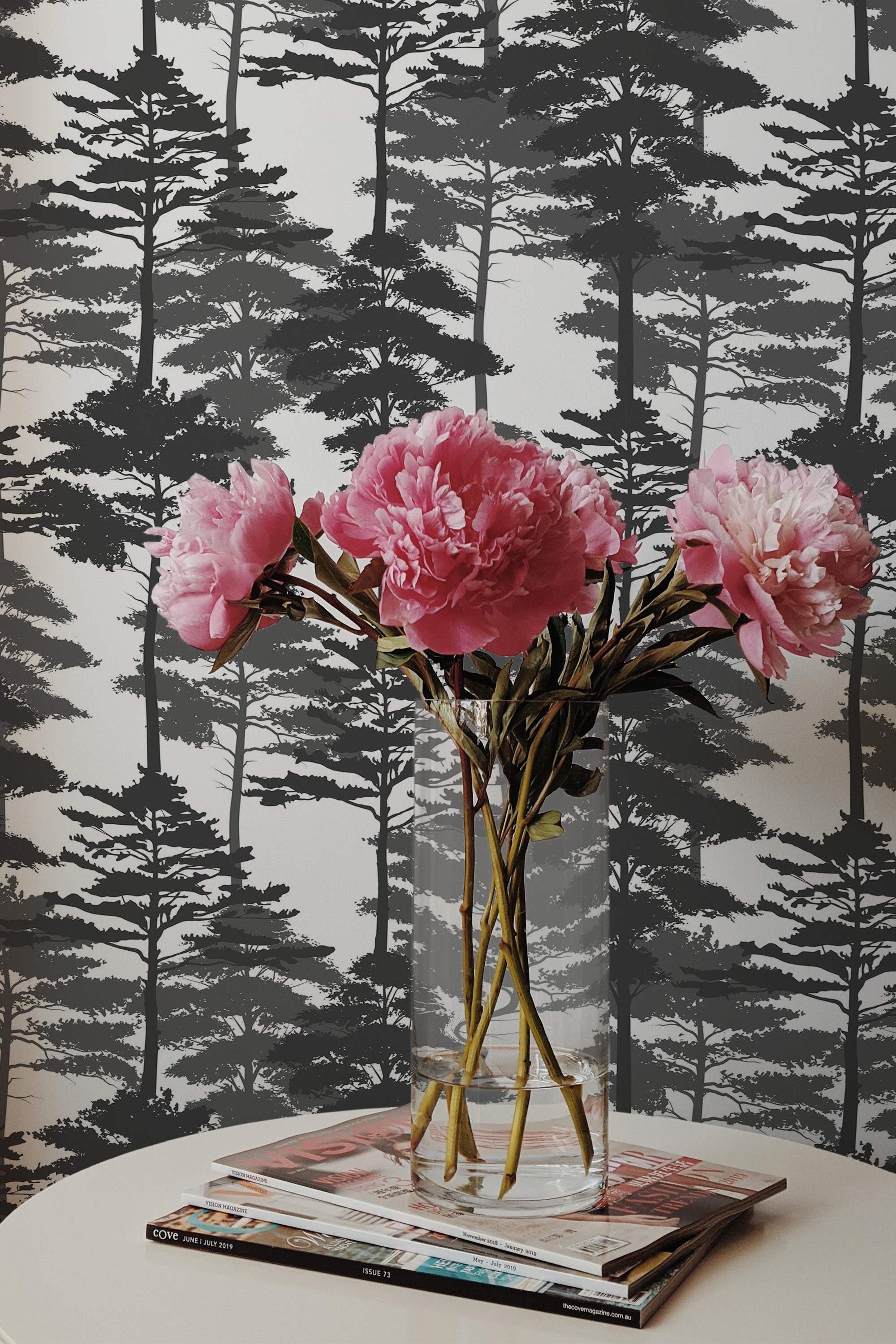 Self-adhesive wallpaper with a gray forest design, featuring dark tree silhouettes against a light background, creating a serene, natural atmosphere.