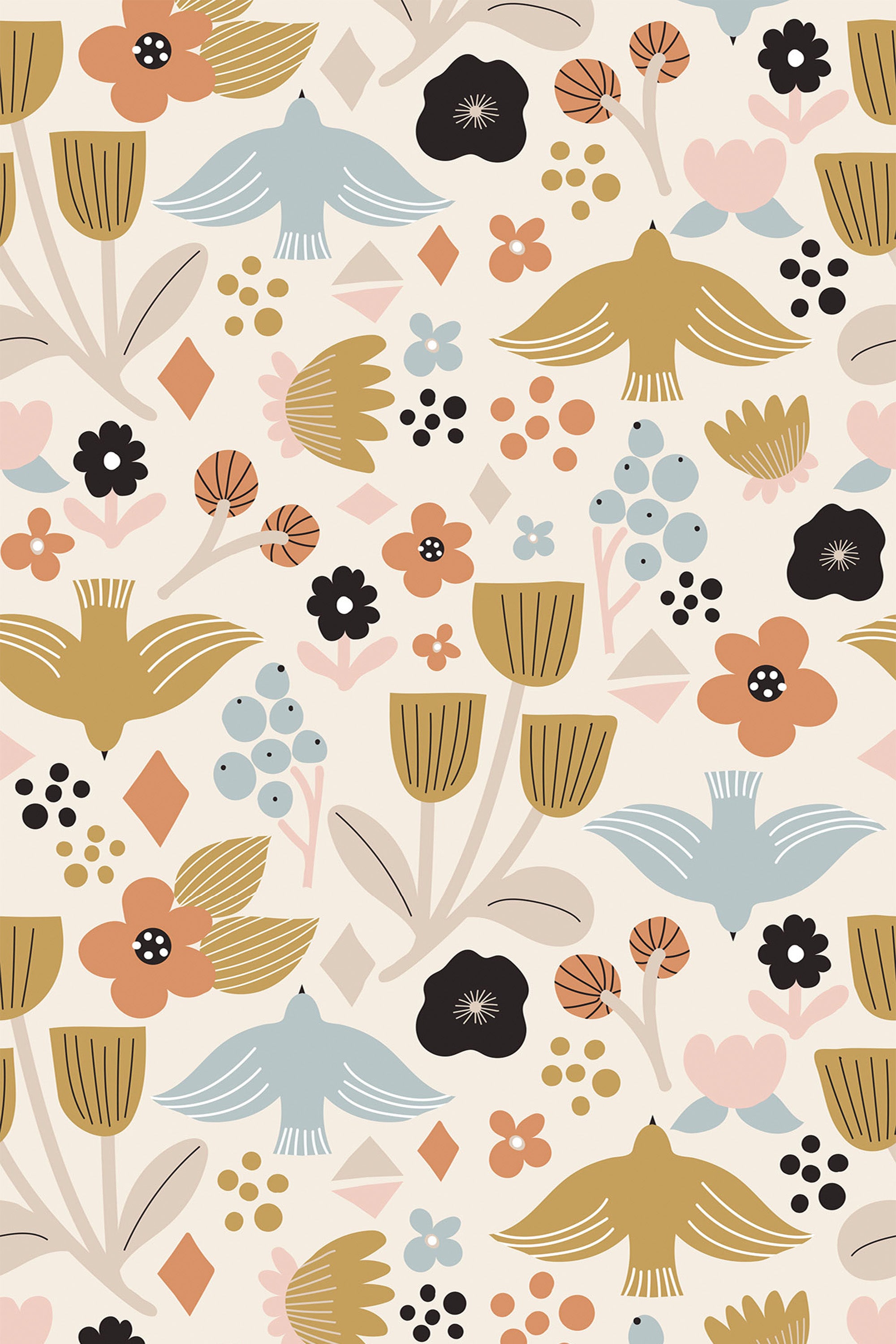 A fun Scandinavian bird wallpaper design with stylized birds, flowers, and geometric shapes in muted tones of mustard, blue, terra cotta, and black on a light background. Peel and stick removable wallpaper.