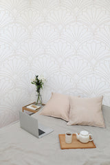 Self-adhesive minimalist arch wallpaper with a subtle geometric pattern of repeating arches in soft, muted tones on a light background.