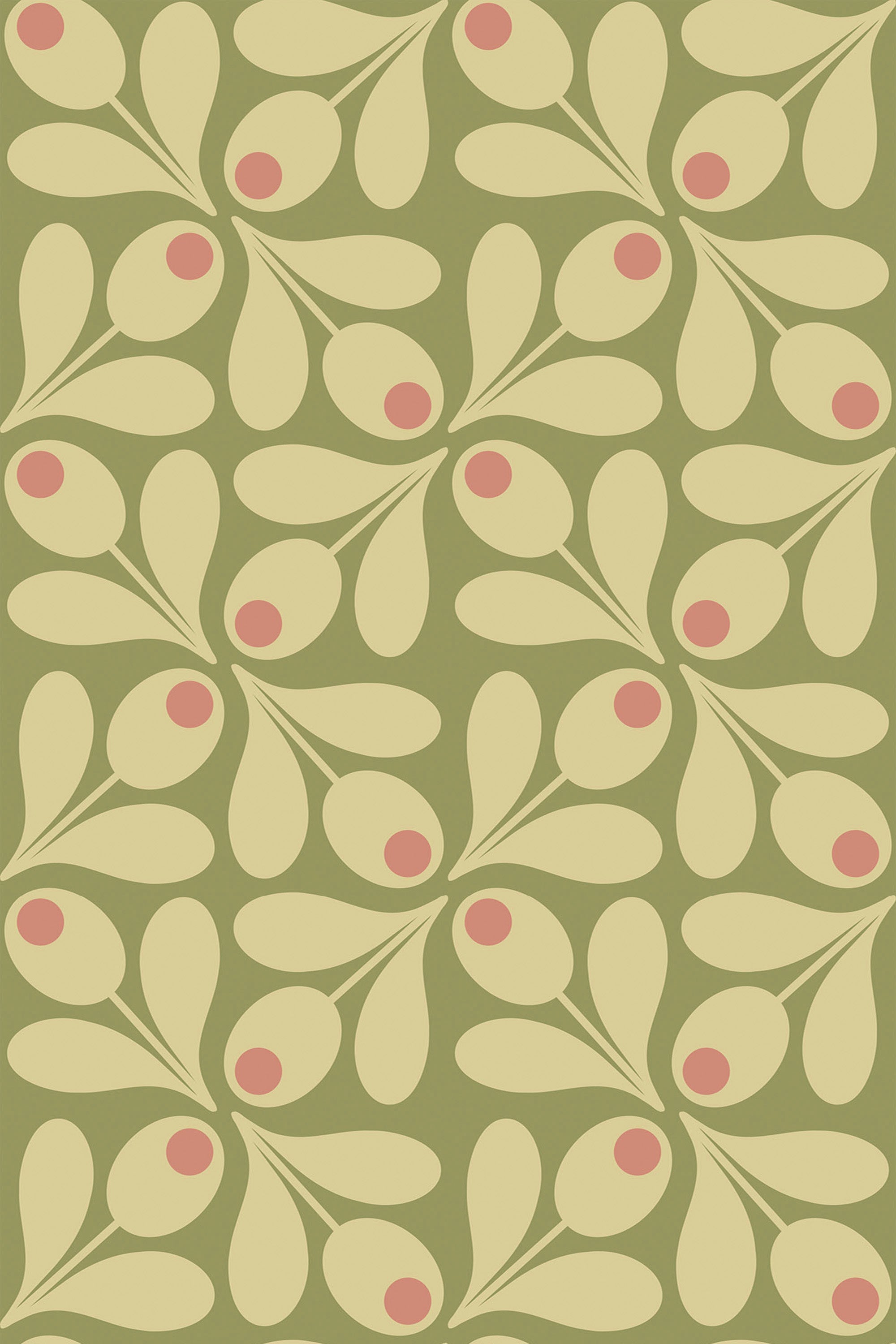 A retro 60s wallpaper design with a repeating pattern of stylized abstract leaf-like shapes in pale yellow, each centered around a soft red dot, set against a muted green background. Peel and stick removable wallpaper.