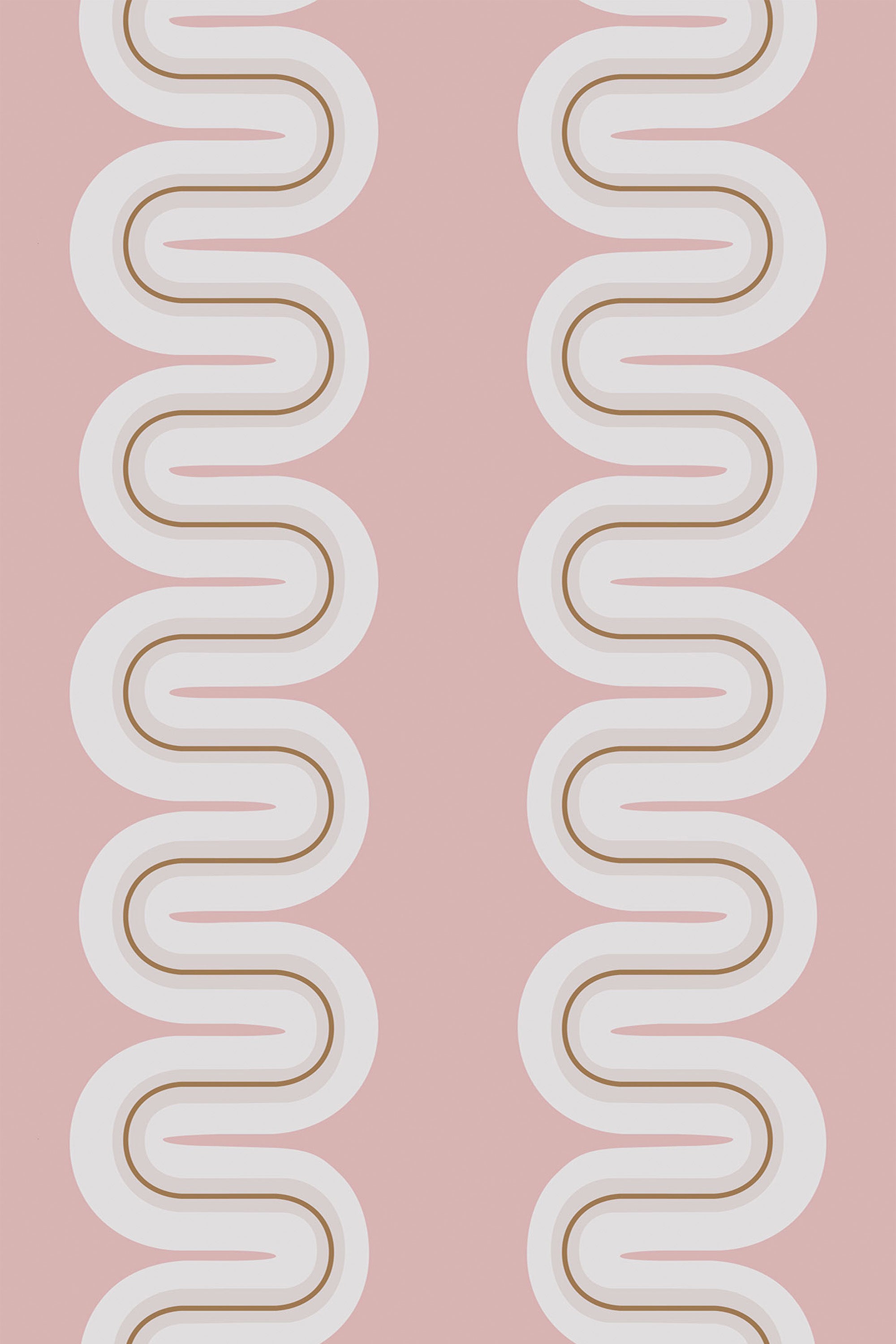 Alternating wavy lines with shades of brown and white on a pastel pink background, creating a repetitive pattern. Peel and stick removable wallpaper.