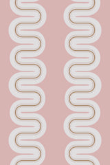 Alternating wavy lines with shades of brown and white on a pastel pink background, creating a repetitive pattern. Peel and stick removable wallpaper.