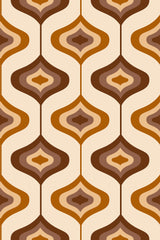 A retro wallpaper pattern with curved, overlapping shapes in various shades of brown, tan, and beige on a cream background, reminiscent of 1970s design. Peel and stick removable wallpaper.
