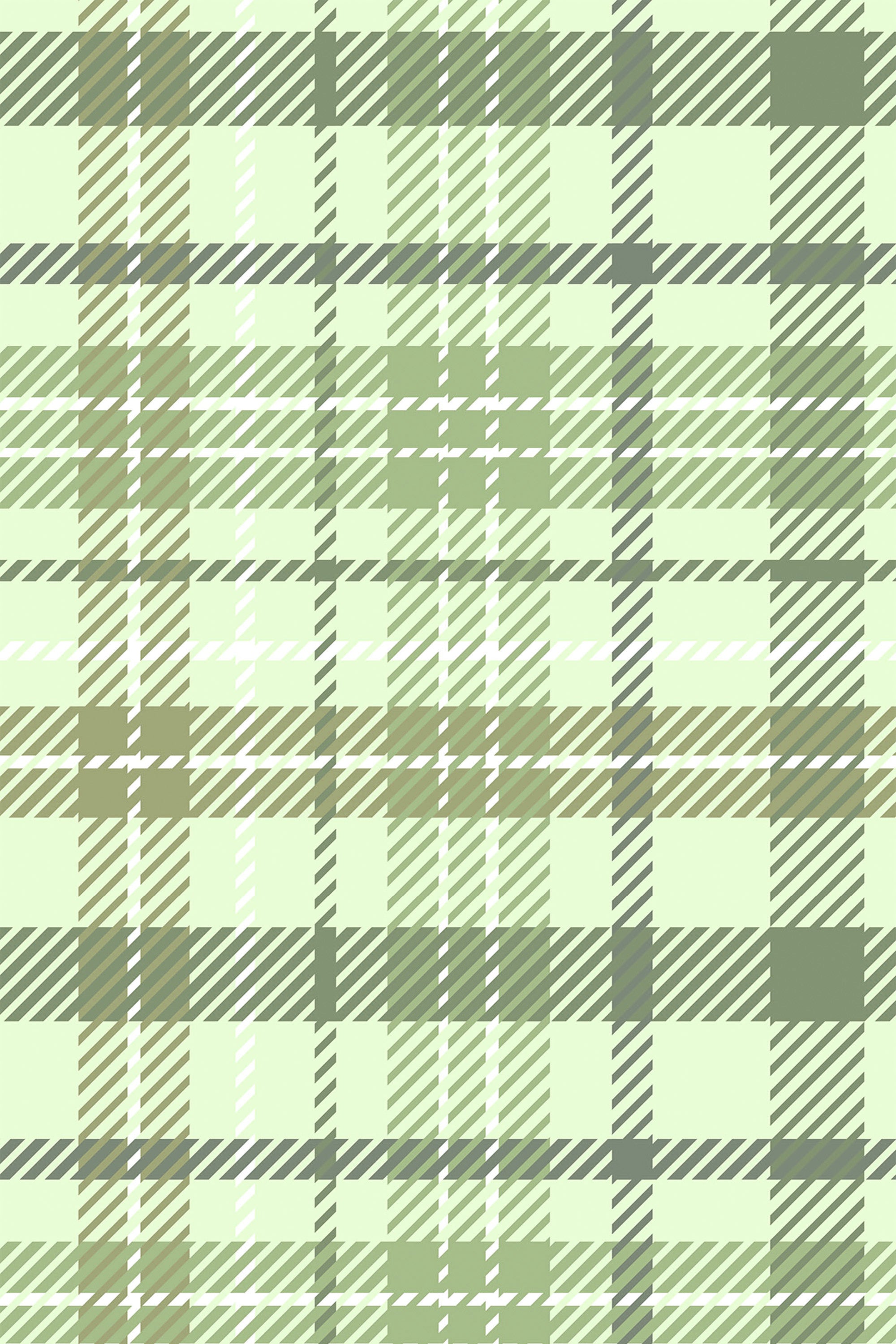 A repeating pattern with a classic plaid design in varying shades of green and white, with crosshatched lines creating an overlapping pattern of squares and stripes, adding depth and texture. Peel and stick removable wallpaper.