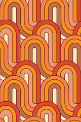 A vibrant Retro wave wallpaper in warm shades of orange, red, and beige featuring repeating curved arches in a seamless pattern. Peel and stick removable wallpaper.