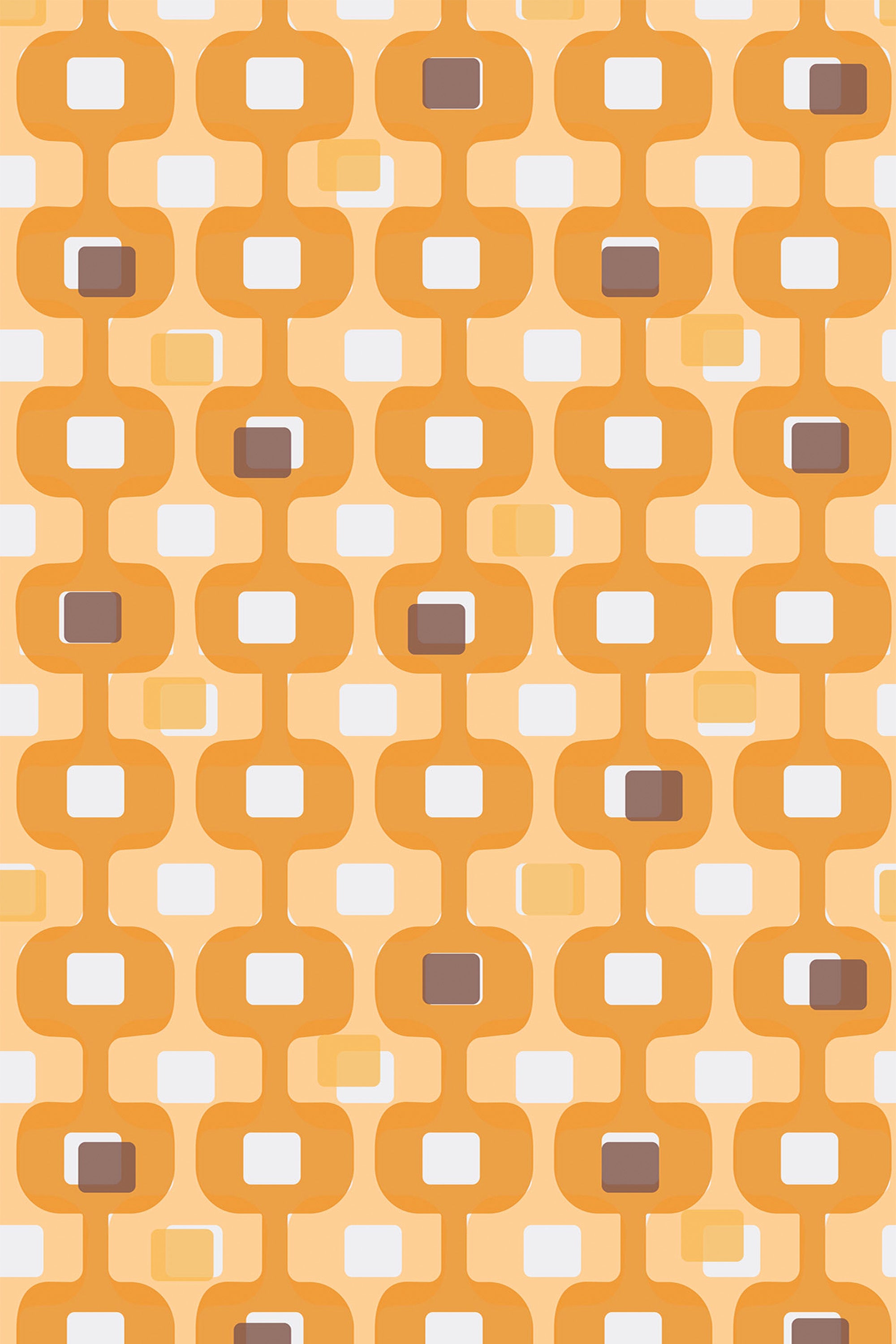 A repeating mid-century modern pattern with interconnected orange and mustard geometric shapes, accented by brown and white rectangular elements on a light background. Peel and stick removable wallpaper.