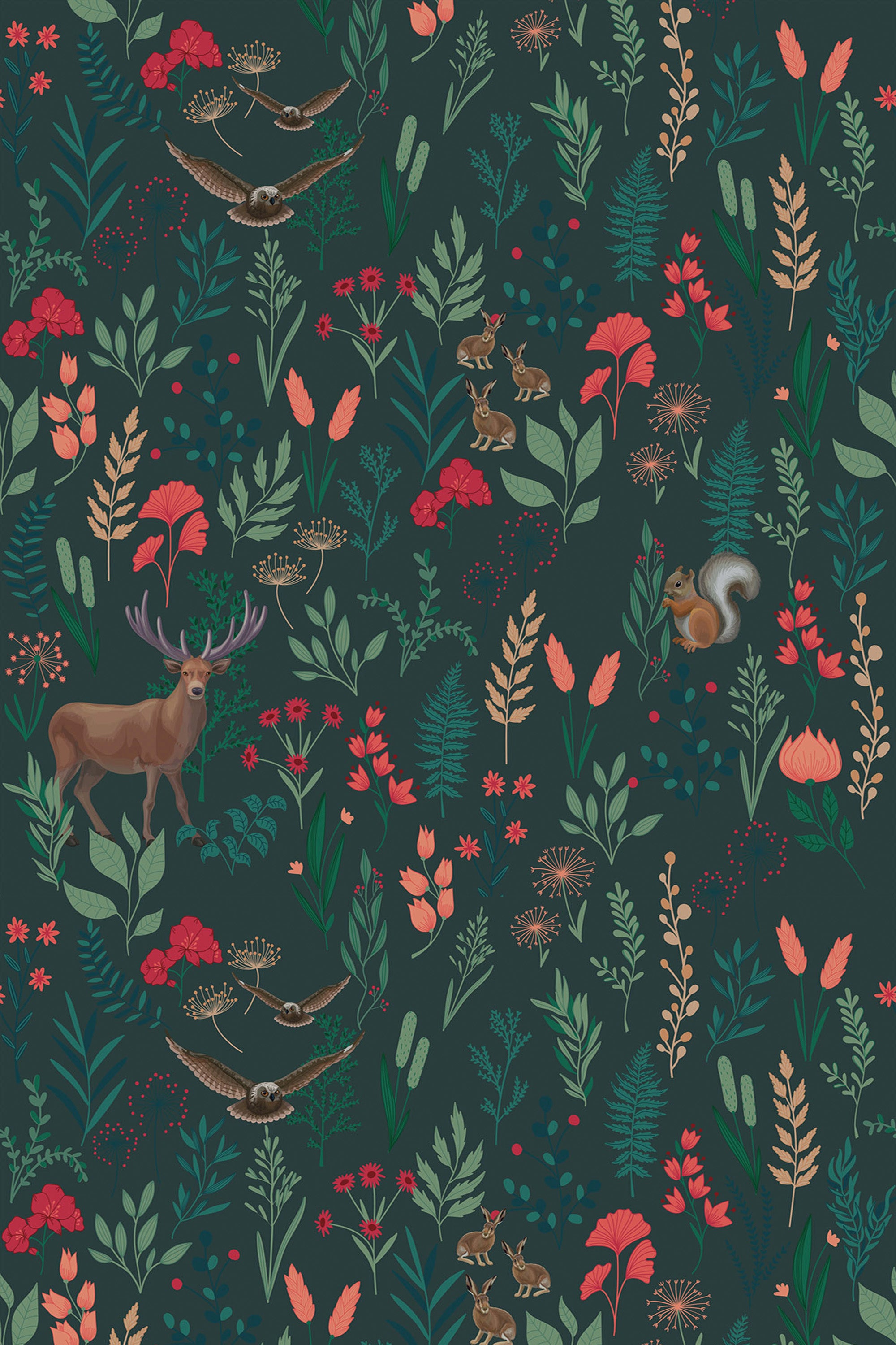 Dark green forest wallpaper filled with various elements of nature, including leaves, flowers, birds, bunnies, a deer, and a squirrel. The intricate design combines vibrant shades of green, red, and brown, creating a rich, lush environment. Peel and stick removable wallpaper.