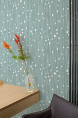 Self-adhesive wallpaper with a teal background adorned with delicate, vertical white lines and small circular dot patterns, creating a modern and minimalist look.