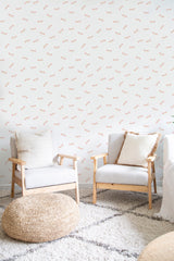 Wallpaper with a pattern of small, delicate pink dragonflies scattered evenly across a white background, traditional wallpaper.
