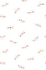 Pink dragonfly design on a white background with delicate dragonflies in soft pink tones evenly spaced throughout. Peel and stick removable wallpaper.