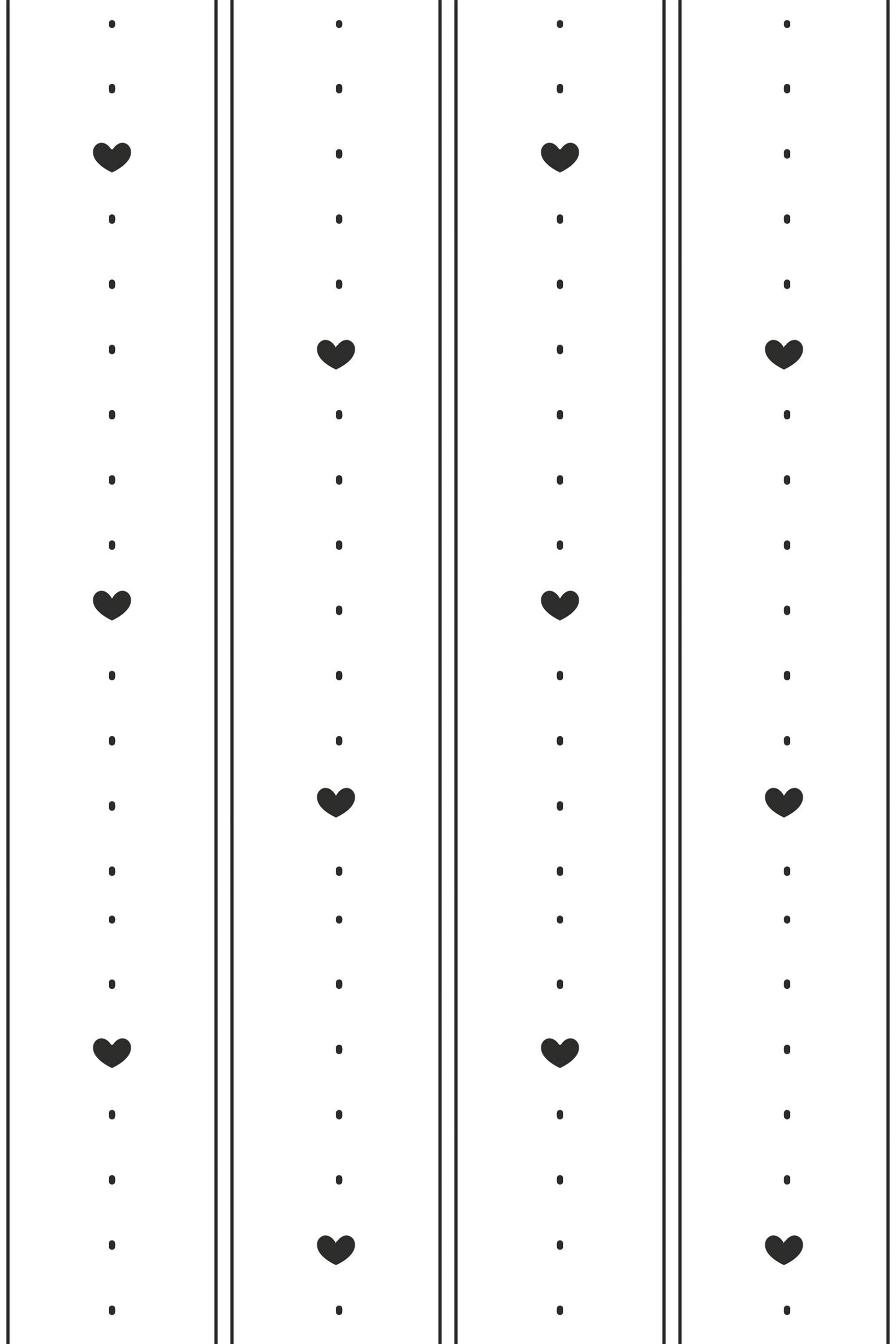 Vertical lines adorned with small black hearts and dots repeat against a white background, creating a simple, elegant pattern. Peel and stick removable wallpaper.
