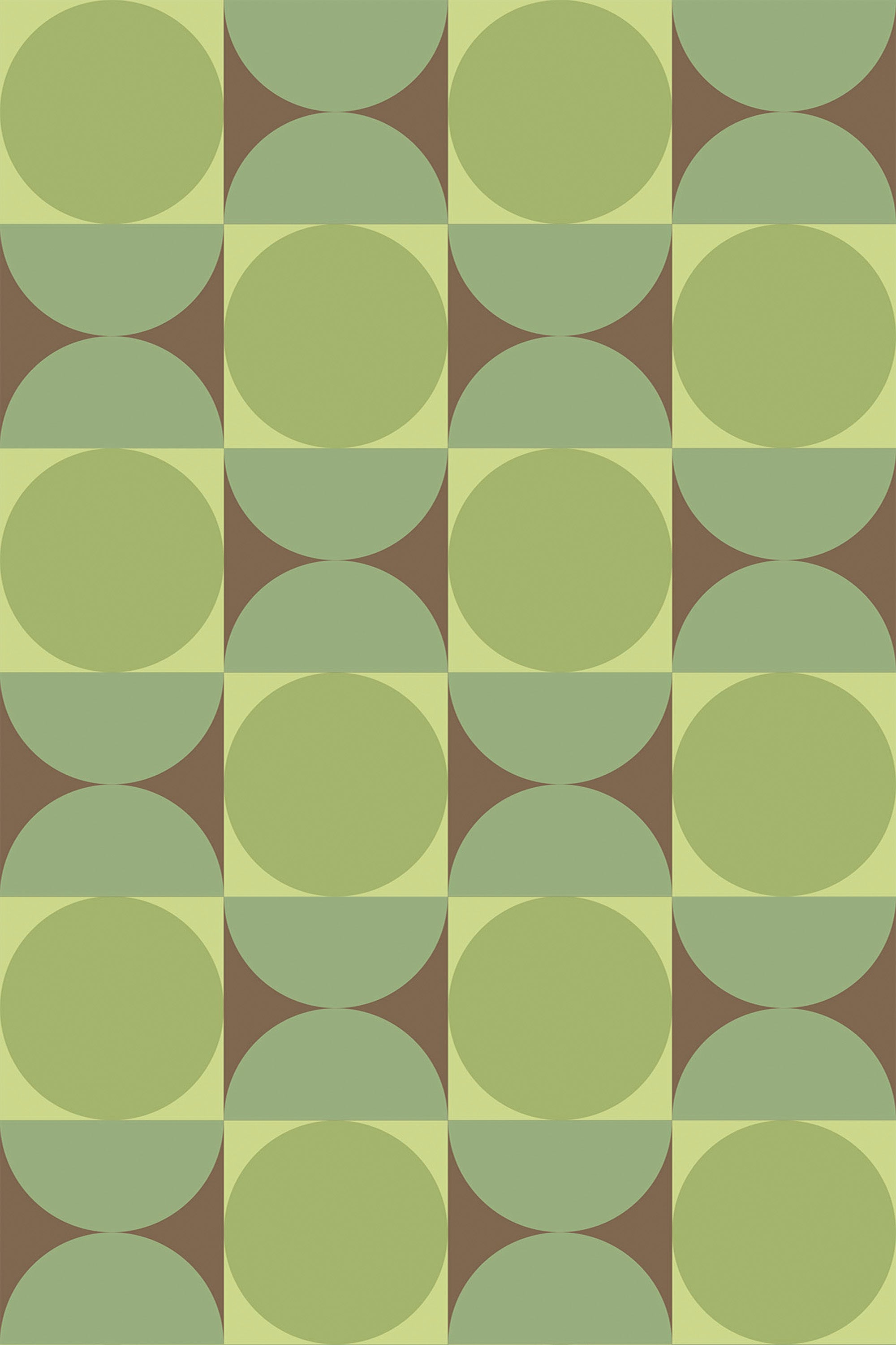 Green overlapping geometric circles with alternating green and brown quarter-circle shapes forming a pattern. Peel and stick removable wallpaper.