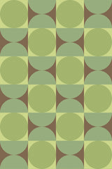 Green overlapping geometric circles with alternating green and brown quarter-circle shapes forming a pattern. Peel and stick removable wallpaper.