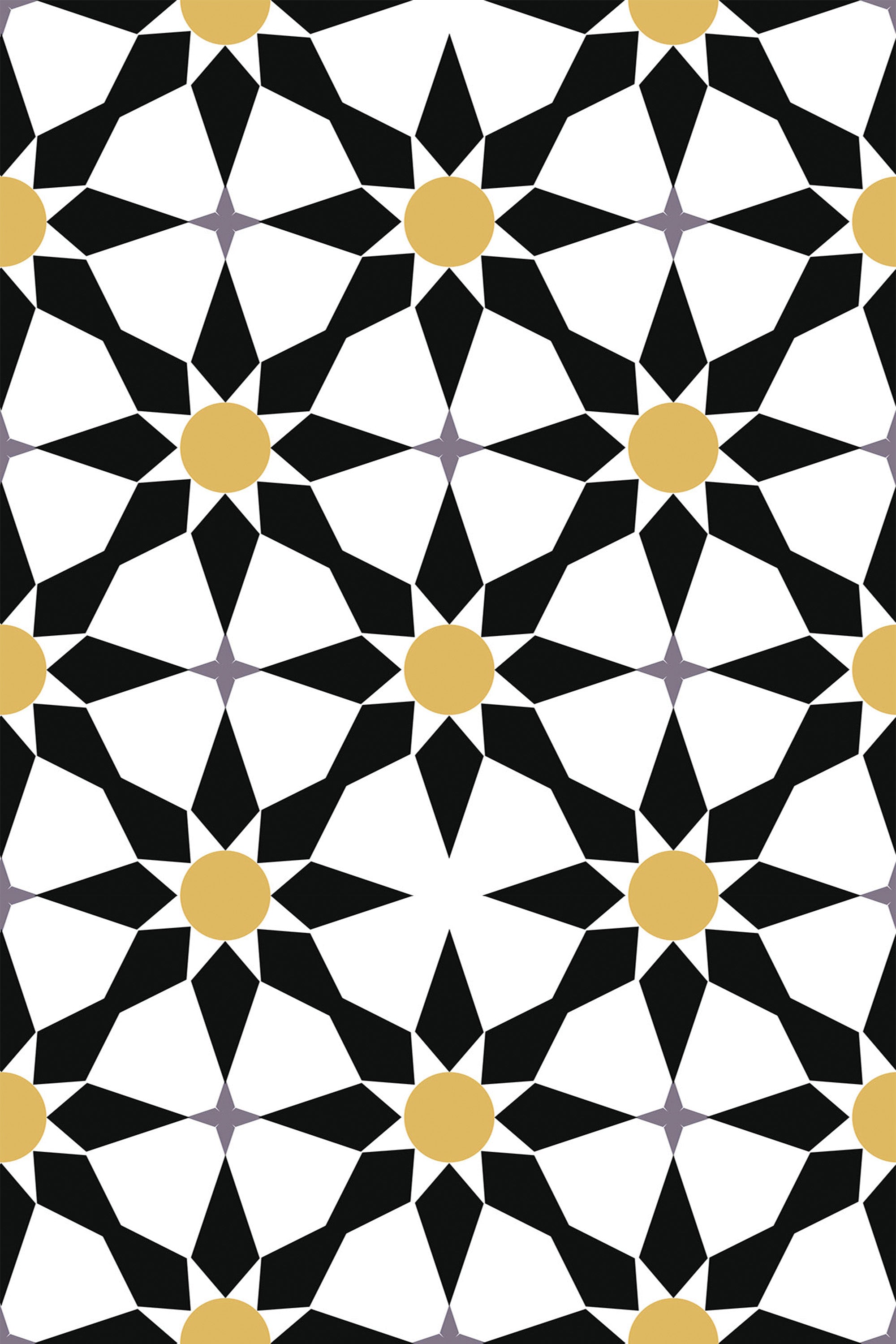 Geometric pattern with black star-shaped tiles interspersed with yellow circles and small violet diamonds on a white background. Peel and stick removable wallpaper.
