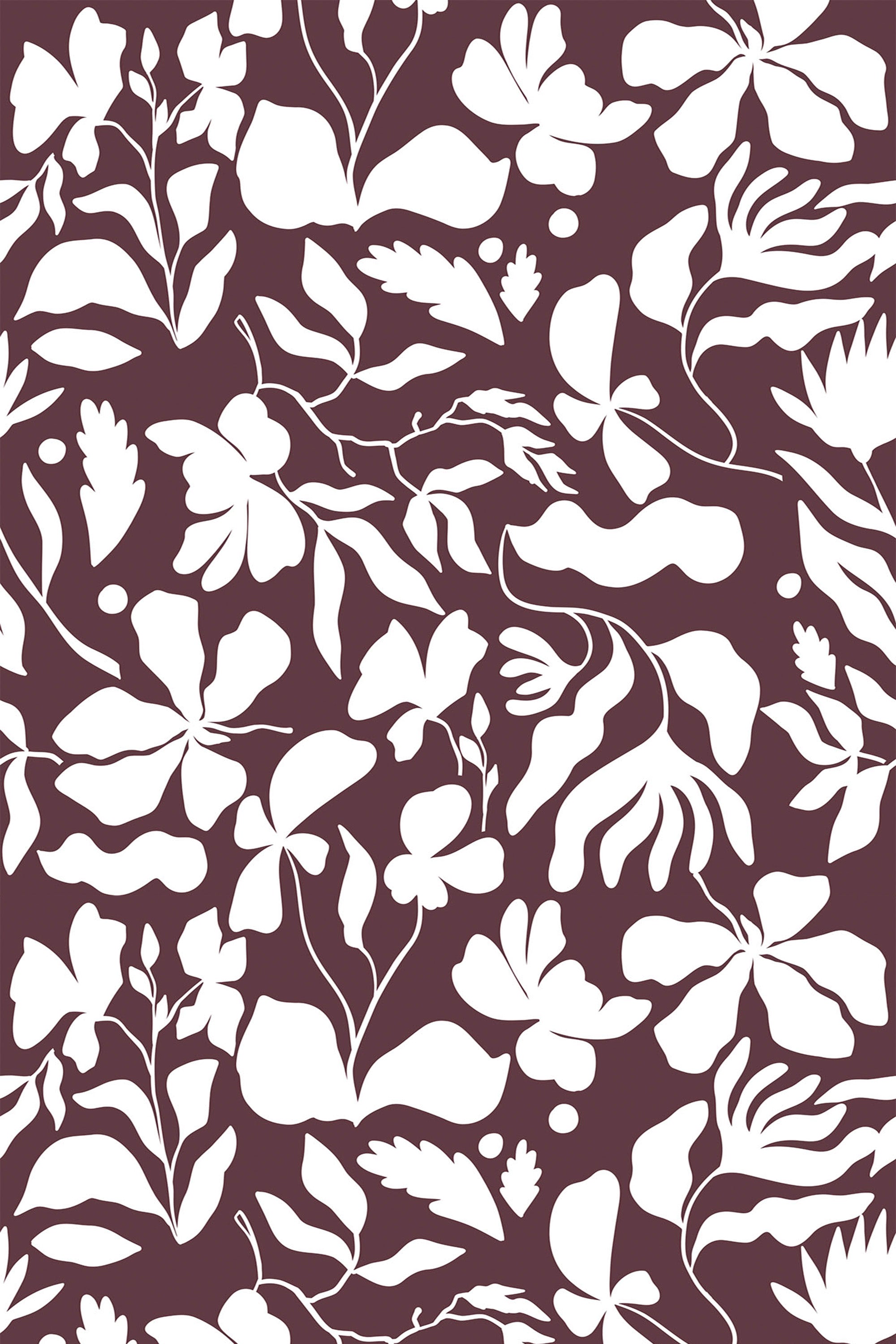 Floral pattern with white botanical silhouettes of leaves and flowers on a rich burgundy background, peel and stick removable wallpaper.