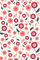 Patterned wallpaper with pink and red circular, abstract flowers, accompanied by stylized green leaves and stems on a light cream background, peel and stick removable wallpaper.