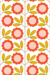 Vibrant, retro-inspired floral design with bold pink and orange flowers surrounded by yellow and green leaves on a white background. Peel and stick removable wallpaper.