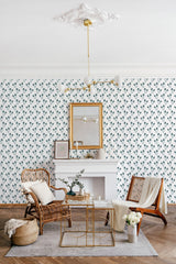 Teal Scandinavian flowers in a simple floral pattern on a white background with repeating small floral motifs and leaves in a minimalistic design. Traditional wallpaper.