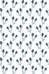 Teal Scandinavian flowers with simple, minimalist floral patterns on a white background, arranged in a repeating design. Peel and stick removable wallpaper.
