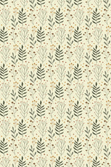 A repeating pattern of simple, minimalist botanical elements in muted earthy tones on a light background, featuring various leaf shapes and delicate small flowers. The design is balanced and airy, perfect for creating a calm, natural atmosphere. Peel and stick removable wallpaper.