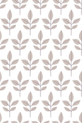A minimalist Scandi leaf pattern with alternating light and dark beige leaves on slender stems set against a white background, peel and stick removable wallpaper.