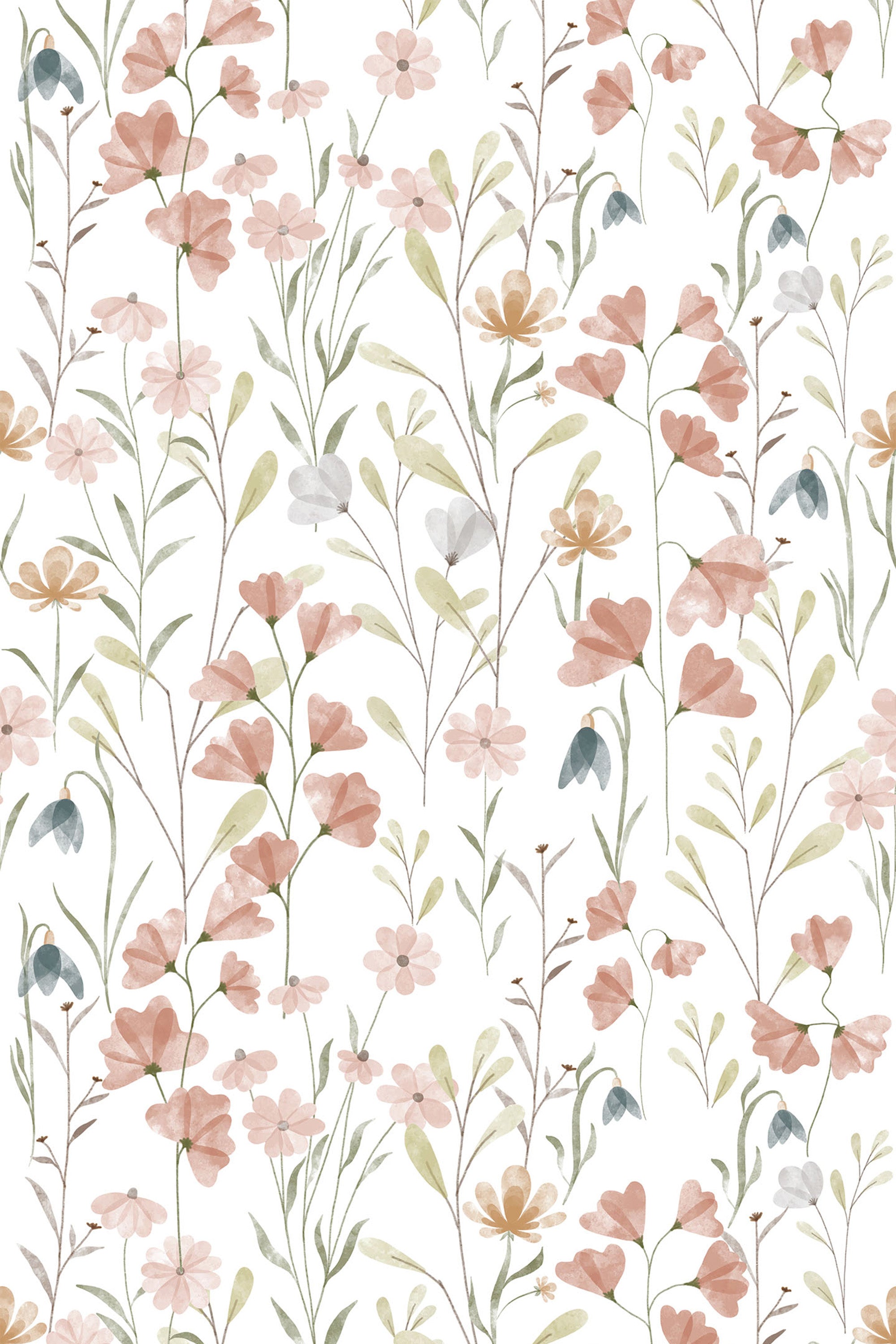 Delicate watercolor flowers and leaves in soft pink, peach, green, and gray tones are arranged in a repeating pattern on a white background. Peel and stick removable wallpaper.