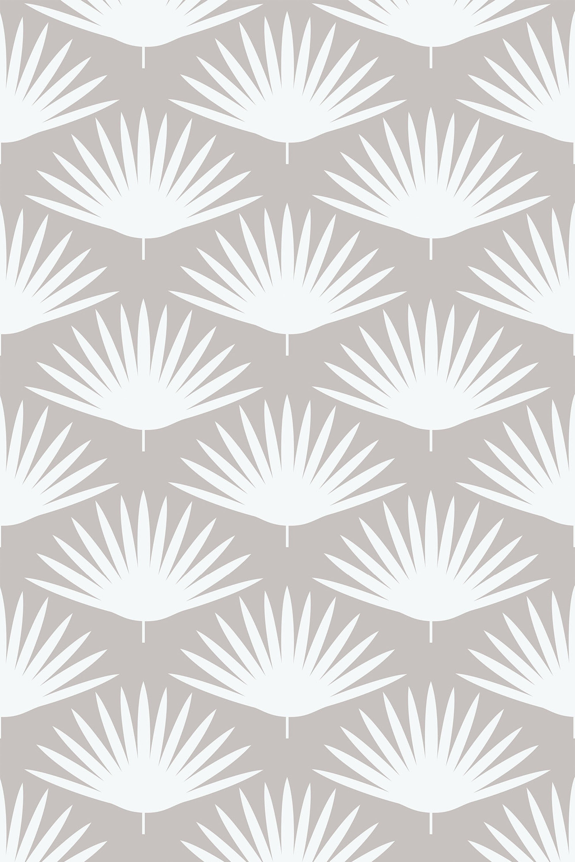 An image of wallpaper with a repeating palm leaf pattern in white on a light gray background. Peel and stick removable wallpaper.