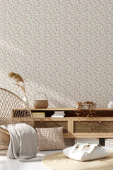 Delicate Scandinavian rose pattern with small pink and beige roses on light, neutral-toned background. Traditional wallpaper.