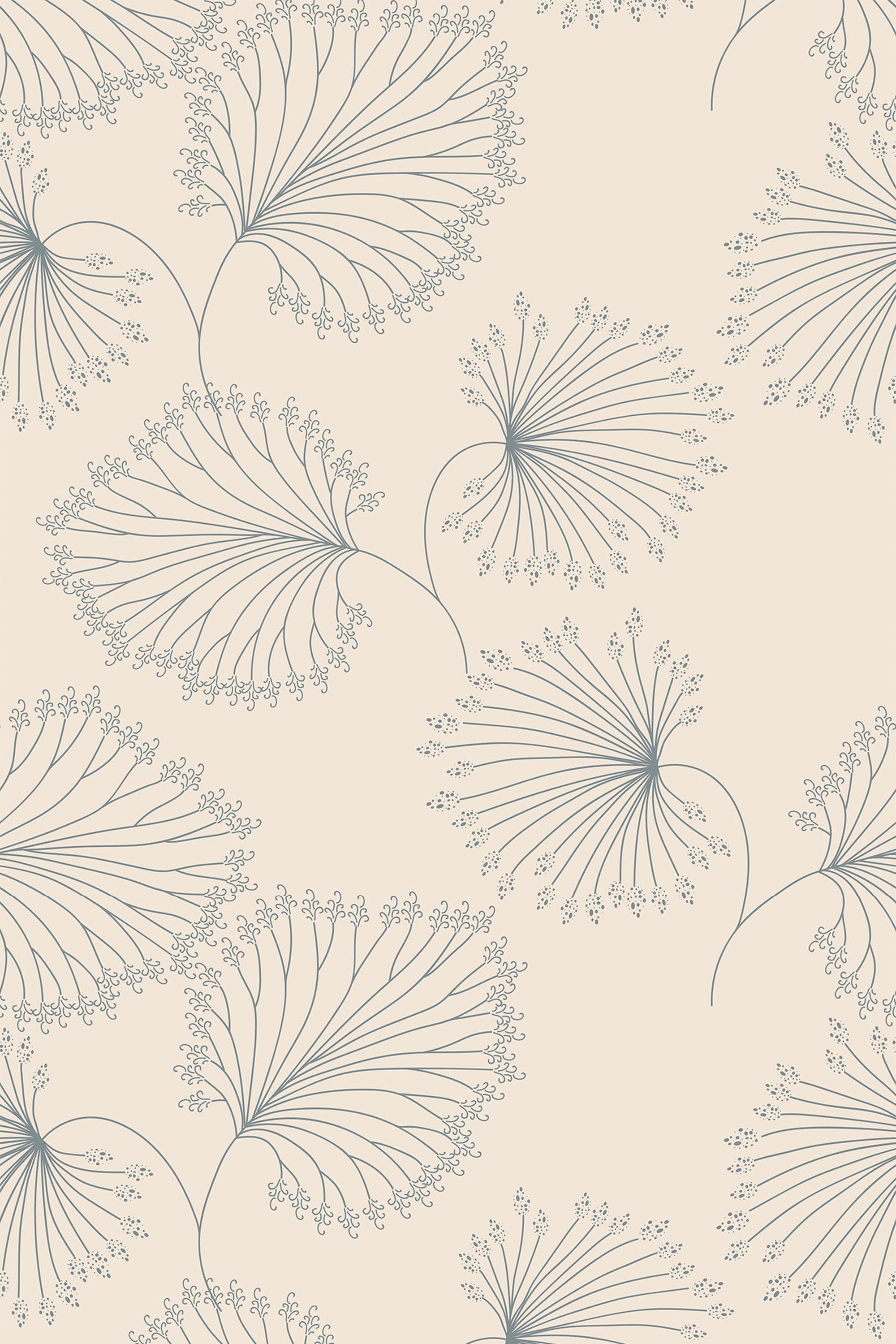 Large, delicate vintage leaf pattern in soft shades of blue on a light cream background, creating a subtle and elegant botanical design. Peel and stick removable wallpaper.