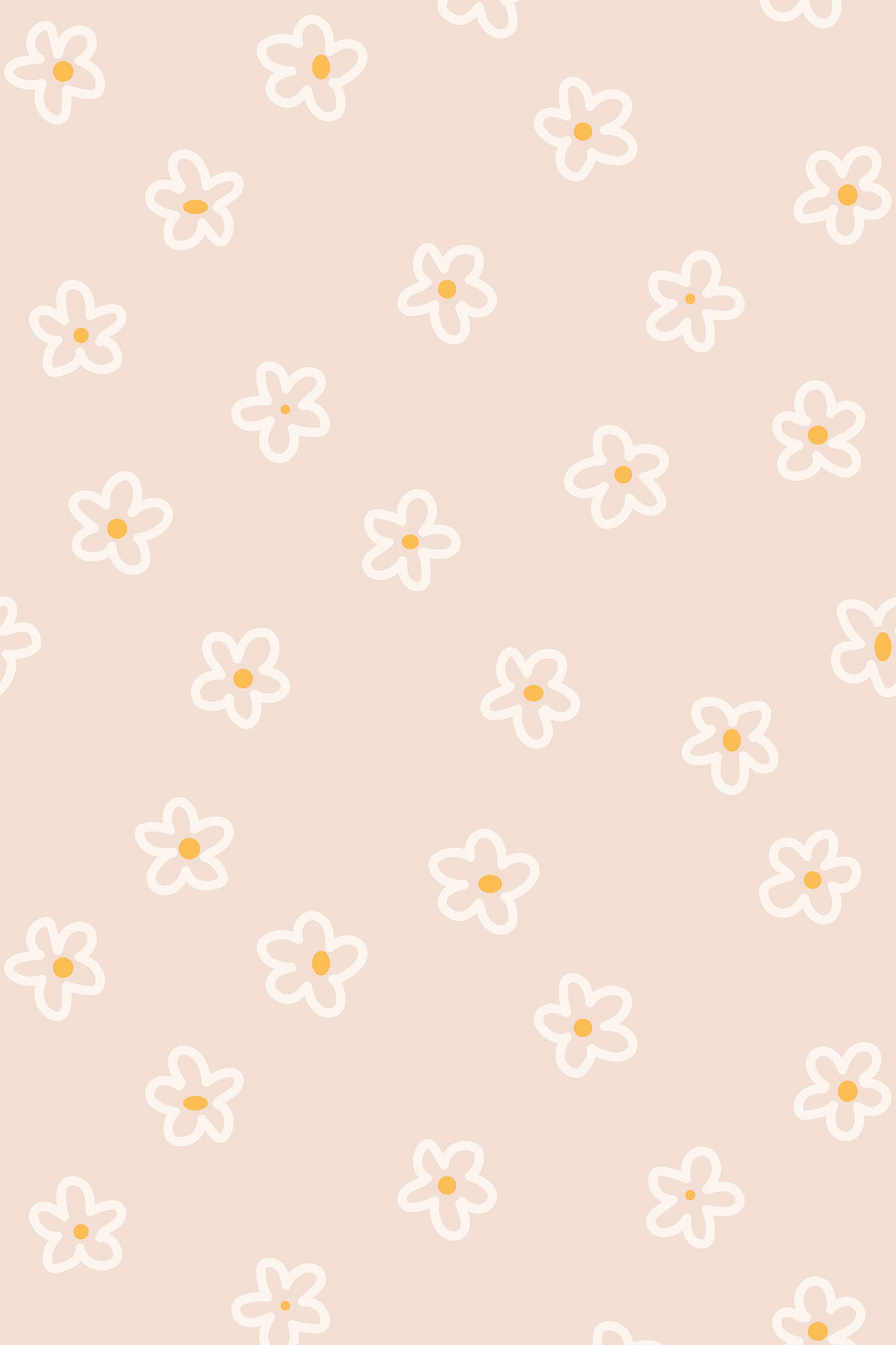 Simple white daisies with soft yellow centers are scattered across a pale beige background. Peel and stick removable wallpaper.